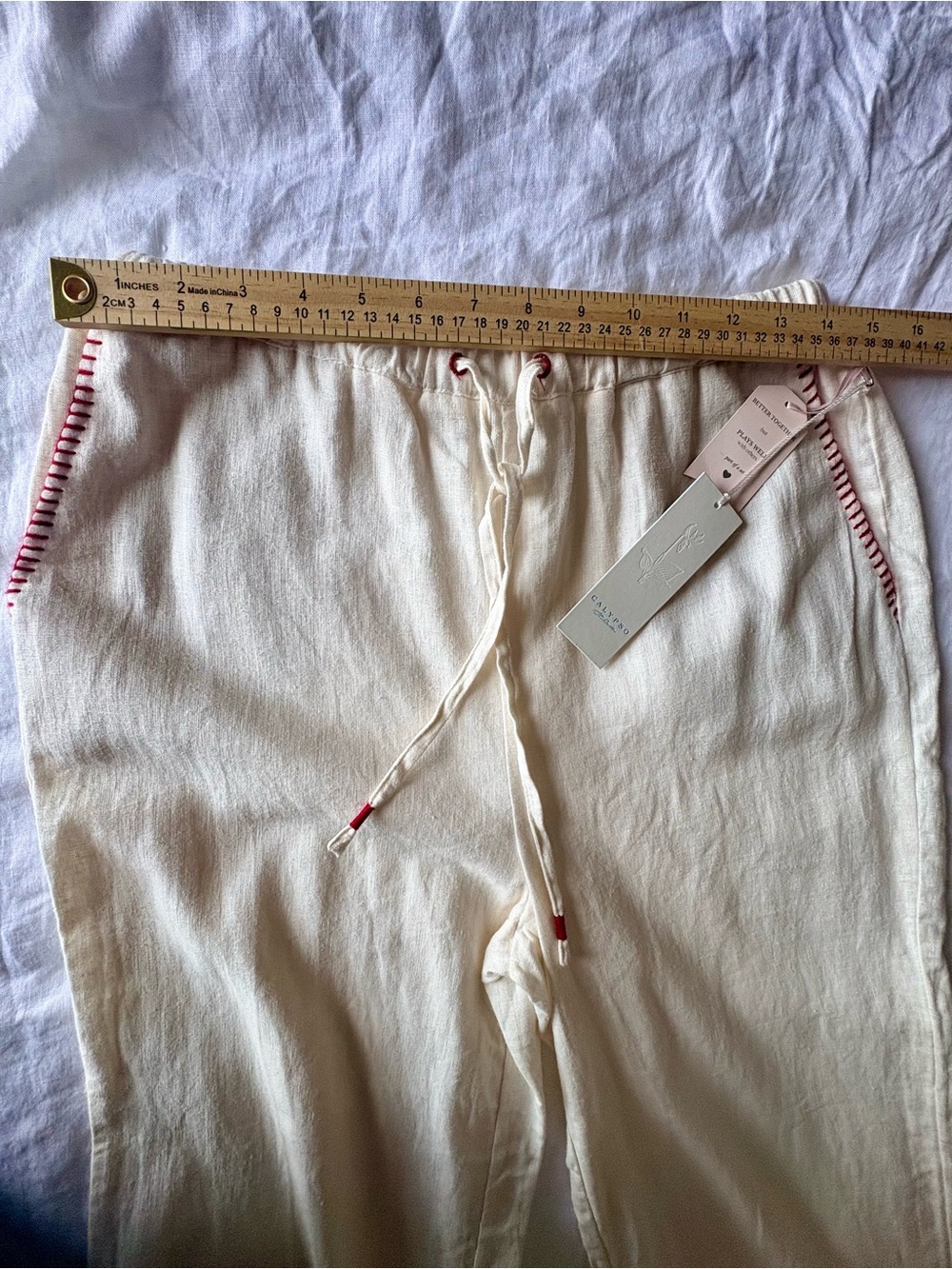 NWT Calypso St. Barth Linen Blend Wide Leg Pants White Red Whipstitch Size 8 - Picture 4 of 10